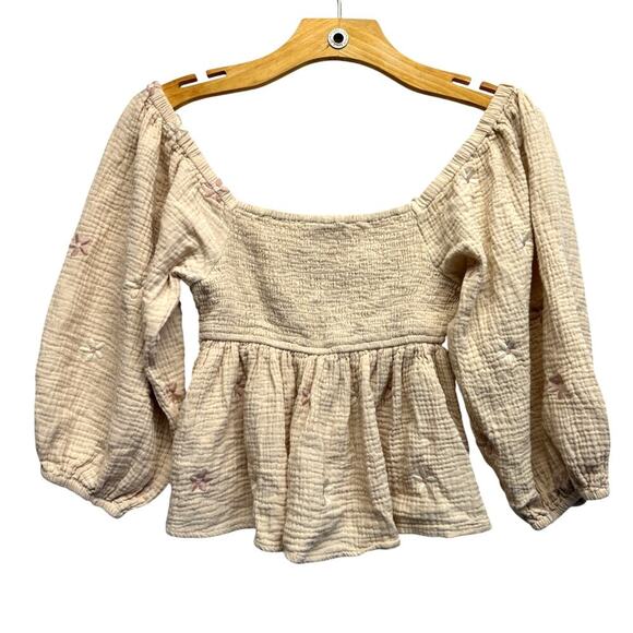 By Together Tan Smocked Crop Top Size S Embroidered Flowers Babydoll Boho - Picture 9 of 10